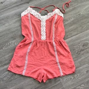 Coral crocheted open back romper